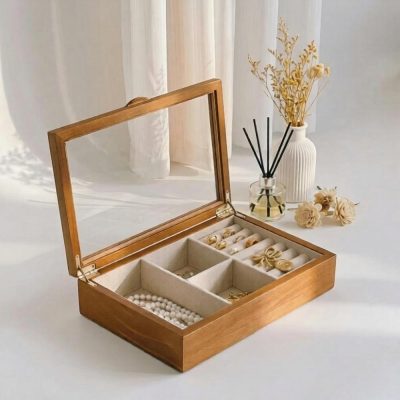 Vintage Wooden Glass Top Jewelry Box