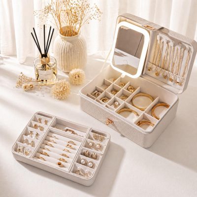Beige leather travel jewelry storage box