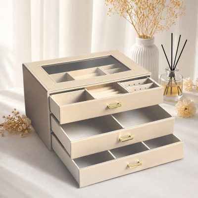 Beige leather multi-layered jewelry box